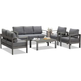 5 Pieces Outdoor All-Weather Conversation Set, Sectional Sofa, Aluminum Couch - Dark Gray Cushions 5 Pieces Outdoor All-Weather Conversation Set, Sectional Sofa, Aluminum Couch - Dark Gray Cushions